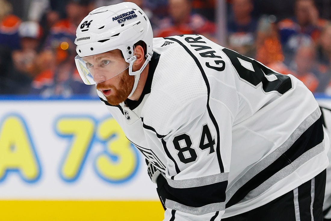 Apr 25, 2023; Edmonton, Alberta, CAN; Los Angeles Kings defensemen Vladislav Gavrikov (84) skates against the Edmonton Oilers in game five of the first round of the 2023 Stanley Cup Playoffs at Rogers Place. Mandatory Credit: Perry Nelson-USA TODAY Sports