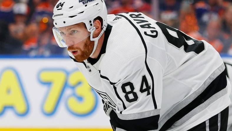 Apr 25, 2023; Edmonton, Alberta, CAN; Los Angeles Kings defensemen Vladislav Gavrikov (84) skates against the Edmonton Oilers in game five of the first round of the 2023 Stanley Cup Playoffs at Rogers Place. Mandatory Credit: Perry Nelson-USA TODAY Sports