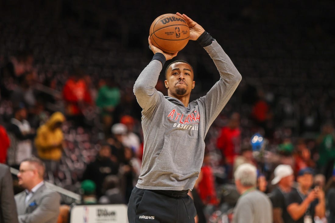 Apr 27, 2023; Atlanta, Georgia, USA; Atlanta Hawks forward John Collins (20) warms up before game six of the 2023 NBA playoffs against the Boston Celtics at State Farm Arena. Mandatory Credit: Brett Davis-USA TODAY Sports