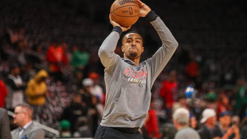 Apr 27, 2023; Atlanta, Georgia, USA; Atlanta Hawks forward John Collins (20) warms up before game six of the 2023 NBA playoffs against the Boston Celtics at State Farm Arena. Mandatory Credit: Brett Davis-USA TODAY Sports