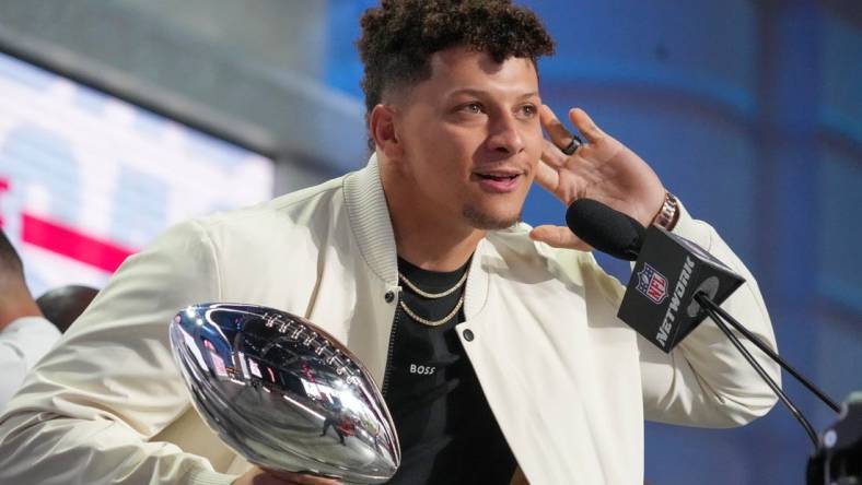 Apr 27, 2023; Kansas City, MO, USA; Kansas City Chiefs quarterback Patrick Mahomes greets fans during the first round of the 2023 NFL Draft at Union Station. Mandatory Credit: Kirby Lee-USA TODAY Sports