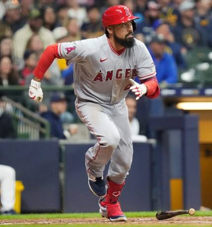 Angels third baseman Anthony Rendon (6) hits a single to center during the fourth inning of the game against the Brewers on Friday April 28, 2023 at American Family Field in Milwaukee, Wis.