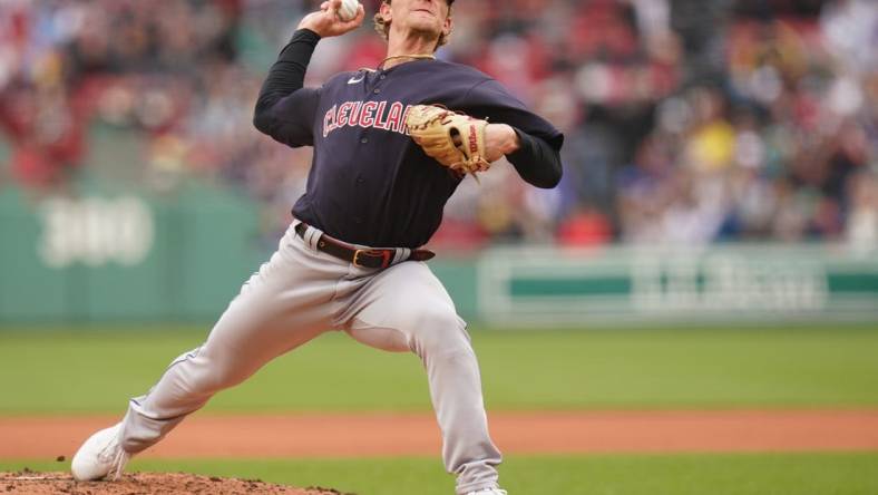 Apr 29, 2023; Boston, Massachusetts, USA; Cleveland Guardians starting pitcher Zach Plesac (34) throws a pitch against the Boston Red Sox in the first inning at Fenway Park. Mandatory Credit: David Butler II-USA TODAY Sports