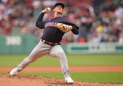 Apr 29, 2023; Boston, Massachusetts, USA; Cleveland Guardians starting pitcher Zach Plesac (34) throws a pitch against the Boston Red Sox in the first inning at Fenway Park. Mandatory Credit: David Butler II-USA TODAY Sports