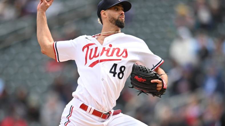 Apr 29, 2023; Minneapolis, Minnesota, USA; Minnesota Twins relief pitcher Jorge Lopez (48) throws a pitch against the Kansas City Royals during the eighth inning at Target Field. Mandatory Credit: Jeffrey Becker-USA TODAY Sports