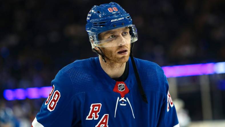 Apr 29, 2023; New York, New York, USA; New York Rangers right wing Patrick Kane (88) warms up before the first period against the New Jersey Devils in game six of the first round of the 2023 Stanley Cup Playoffs at Madison Square Garden. Mandatory Credit: Danny Wild-USA TODAY Sports