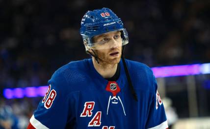 Apr 29, 2023; New York, New York, USA; New York Rangers right wing Patrick Kane (88) warms up before the first period against the New Jersey Devils in game six of the first round of the 2023 Stanley Cup Playoffs at Madison Square Garden. Mandatory Credit: Danny Wild-USA TODAY Sports