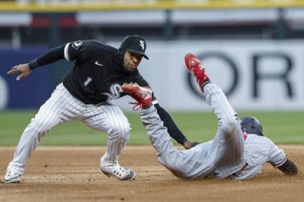 May 2, 2023; Chicago, Illinois, USA; Minnesota Twins left fielder Trevor Larnach (9) is caught stealing second base by Chicago White Sox shortstop Elvis Andrus (1) during the fourth inning at Guaranteed Rate Field. Mandatory Credit: Kamil Krzaczynski-USA TODAY Sports