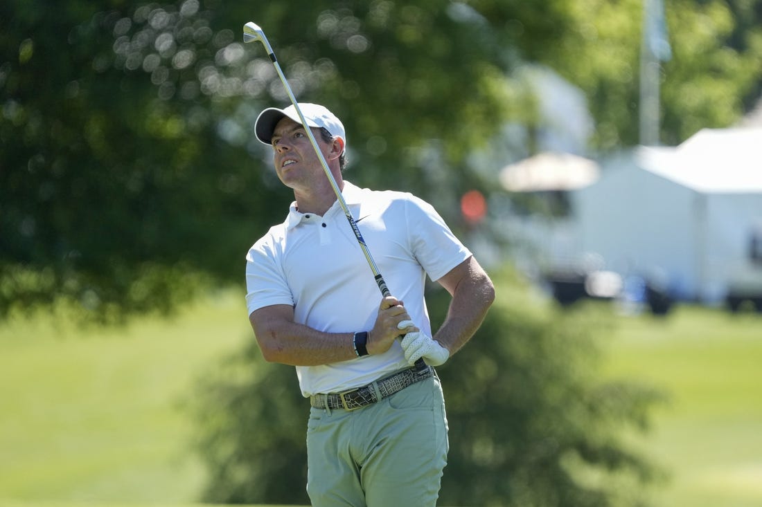 May 4, 2023; Charlotte, North Carolina, USA; Rory McIlroy watches his shot from the third fairway during the first round of the Wells Fargo Championship golf tournament. Mandatory Credit: Jim Dedmon-USA TODAY Sports