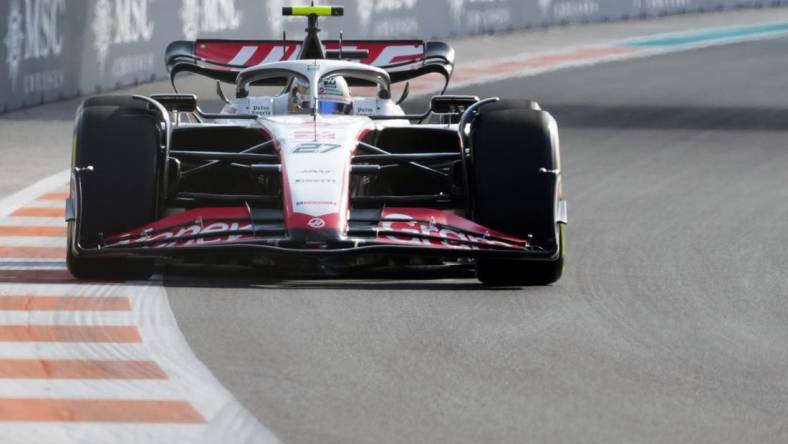 May 5, 2023; Miami Gardens, Florida, USA;  Haas driver Nico Hulkenberg (27) of Germany races into turn 11 during the second practice at Miami International Autodrome. Mandatory Credit: Jasen Vinlove-USA TODAY Sports