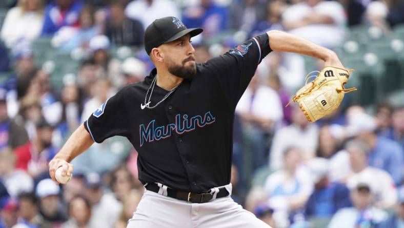 May 6, 2023; Chicago, Illinois, USA; Miami Marlins starting pitcher Matt Barnes (32) throws the ball against the Chicago Cubs during the first inning at Wrigley Field. Mandatory Credit: David Banks-USA TODAY Sports