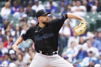 May 6, 2023; Chicago, Illinois, USA; Miami Marlins starting pitcher Matt Barnes (32) throws the ball against the Chicago Cubs during the first inning at Wrigley Field. Mandatory Credit: David Banks-USA TODAY Sports