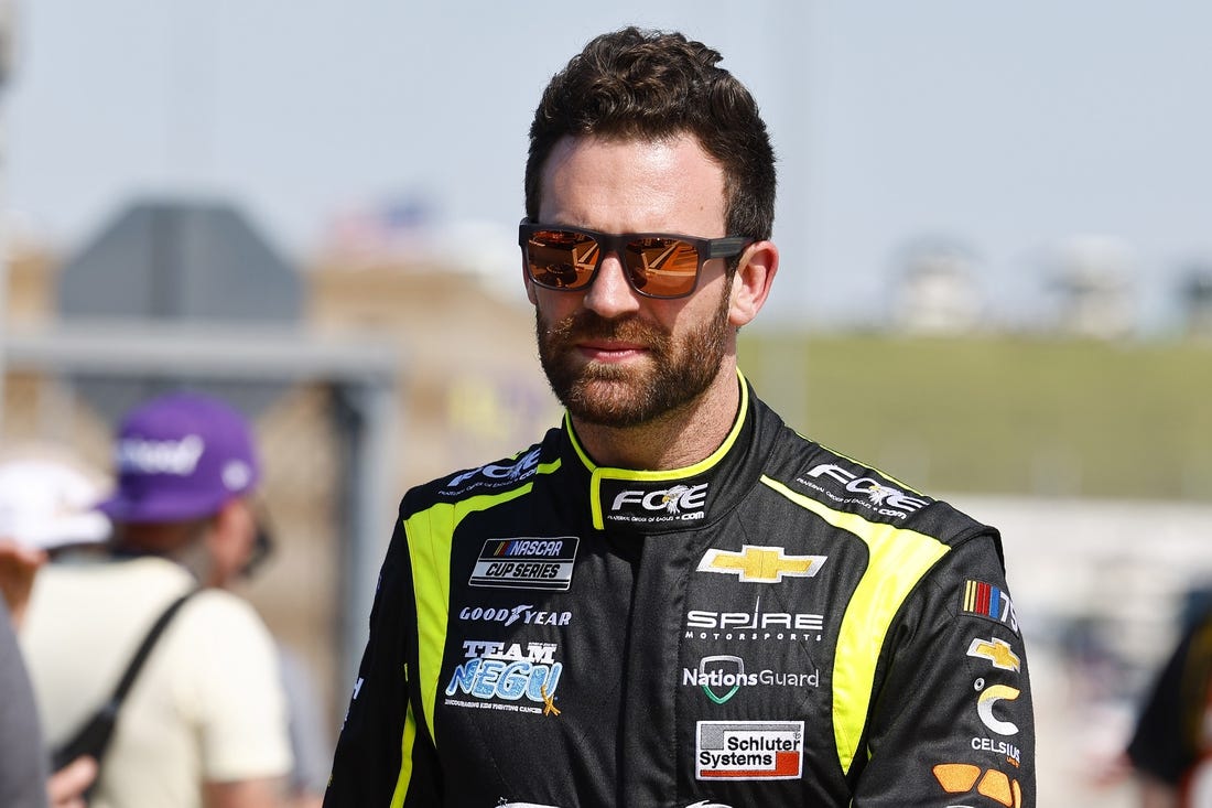 May 6, 2023; Kansas City, Kansas, USA; NASCAR Cup Series driver Corey LaJoie (7) during Cup Practice and Qualifying at Kansas Speedway. Mandatory Credit: Mike Dinovo-USA TODAY Sports