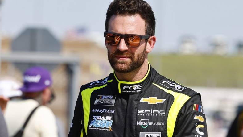 May 6, 2023; Kansas City, Kansas, USA; NASCAR Cup Series driver Corey LaJoie (7) during Cup Practice and Qualifying at Kansas Speedway. Mandatory Credit: Mike Dinovo-USA TODAY Sports