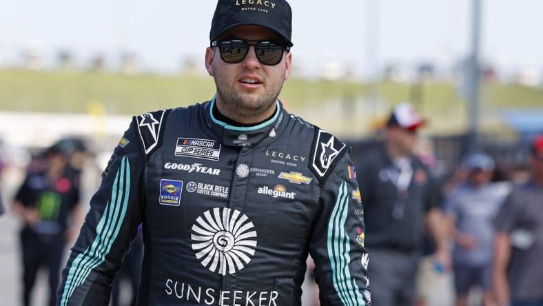 May 6, 2023; Kansas City, Kansas, USA; NASCAR Cup Series driver Noah Gragson (42) during Cup Practice and Qualifying at Kansas Speedway. Mandatory Credit: Mike Dinovo-USA TODAY Sports