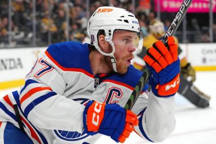 May 6, 2023; Las Vegas, Nevada, USA; Edmonton Oilers center Connor McDavid (97) celebrates after scoring a goal against the Vegas Golden Knights during the first period of game two of the second round of the 2023 Stanley Cup Playoffs at T-Mobile Arena. Mandatory Credit: Stephen R. Sylvanie-USA TODAY Sports