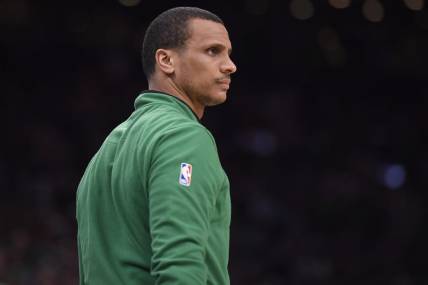 May 9, 2023; Boston, Massachusetts, USA; Boston Celtics head coach Joe Mazzulla in the first half during game five of the 2023 NBA playoffs against the Philadelphia 76ers at TD Garden. Mandatory Credit: Bob DeChiara-USA TODAY Sports