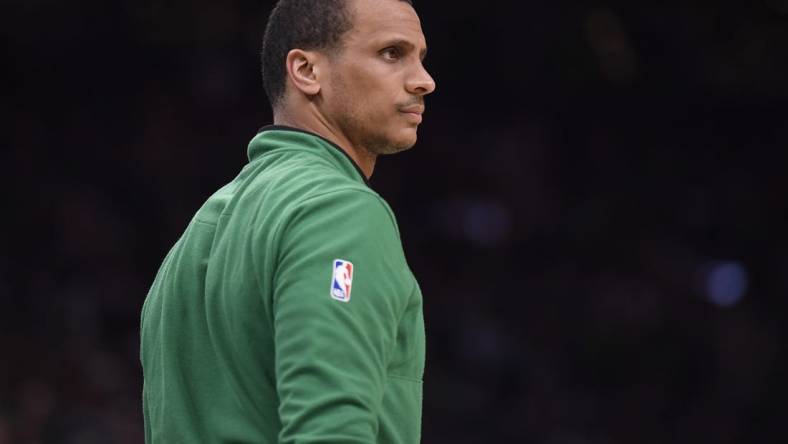 May 9, 2023; Boston, Massachusetts, USA; Boston Celtics head coach Joe Mazzulla in the first half during game five of the 2023 NBA playoffs against the Philadelphia 76ers at TD Garden. Mandatory Credit: Bob DeChiara-USA TODAY Sports