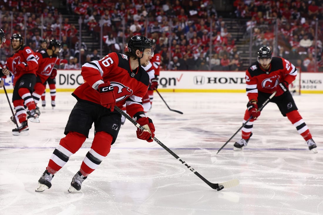 May 9, 2023; Newark, New Jersey, USA; New Jersey Devils left wing Erik Haula (56) skates with the puck against the Carolina Hurricanes during the second period in game four of the second round of the 2023 Stanley Cup Playoffs at Prudential Center. Mandatory Credit: Ed Mulholland-USA TODAY Sports