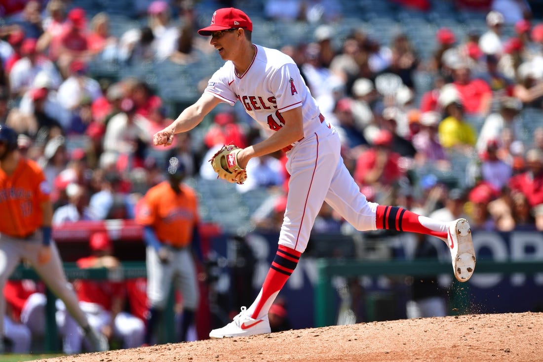 May 10, 2023; Anaheim, California, USA; Los Angeles Angels relief pitcher Jimmy Herget (46) throws against the Houston Astros during the fourth inning at Angel Stadium. Mandatory Credit: Gary A. Vasquez-USA TODAY Sports