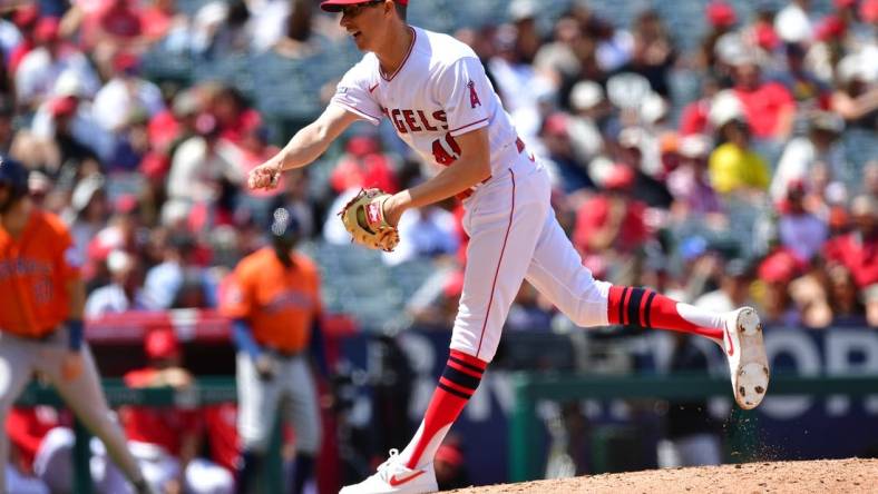 May 10, 2023; Anaheim, California, USA; Los Angeles Angels relief pitcher Jimmy Herget (46) throws against the Houston Astros during the fourth inning at Angel Stadium. Mandatory Credit: Gary A. Vasquez-USA TODAY Sports