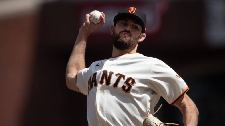 May 10, 2023; San Francisco, California, USA; San Francisco Giants pitcher Tristan Beck (43) delivers a pitch against the Washington Nationals during the seventh inning at Oracle Park. Mandatory Credit: D. Ross Cameron-USA TODAY Sports