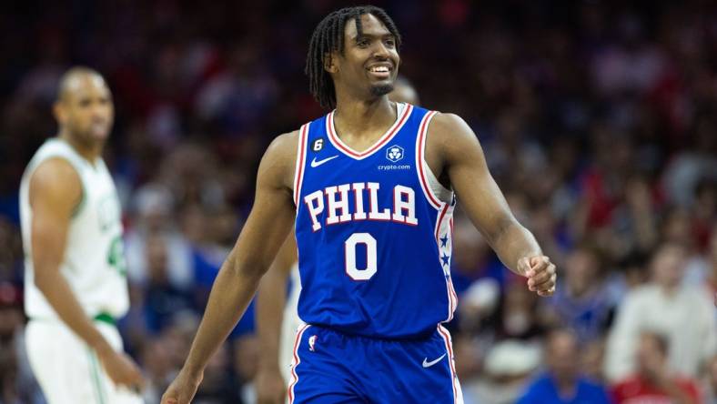 May 11, 2023; Philadelphia, Pennsylvania, USA; Philadelphia 76ers guard Tyrese Maxey (0) smiles after a play against the Boston Celtics during the fourth quarter in game six of the 2023 NBA playoffs at Wells Fargo Center. Mandatory Credit: Bill Streicher-USA TODAY Sports