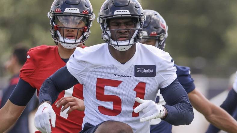 May 12, 2023; Houston, TX, USA; Houston Texans linebacker Will Anderson Jr. (51) stretches with other rookies during rookie camp at the Methodist practice facility. Mandatory Credit: Thomas Shea-USA TODAY Sports