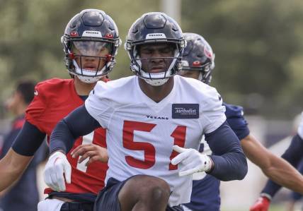 May 12, 2023; Houston, TX, USA; Houston Texans linebacker Will Anderson Jr. (51) stretches with other rookies during rookie camp at the Methodist practice facility. Mandatory Credit: Thomas Shea-USA TODAY Sports