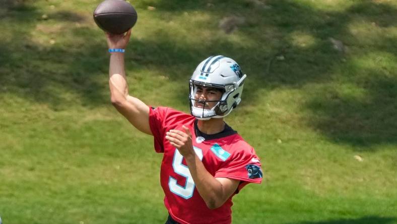 May 12, 2023; Charlotte, NC, USA; Carolina Panthers quarterback Bryce Young (9) throws during the Carolina Panthers rookie camp at the Atrium Practice Facility in Charlotte, NC.Mandatory Credit: Jim Dedmon-USA TODAY Sports