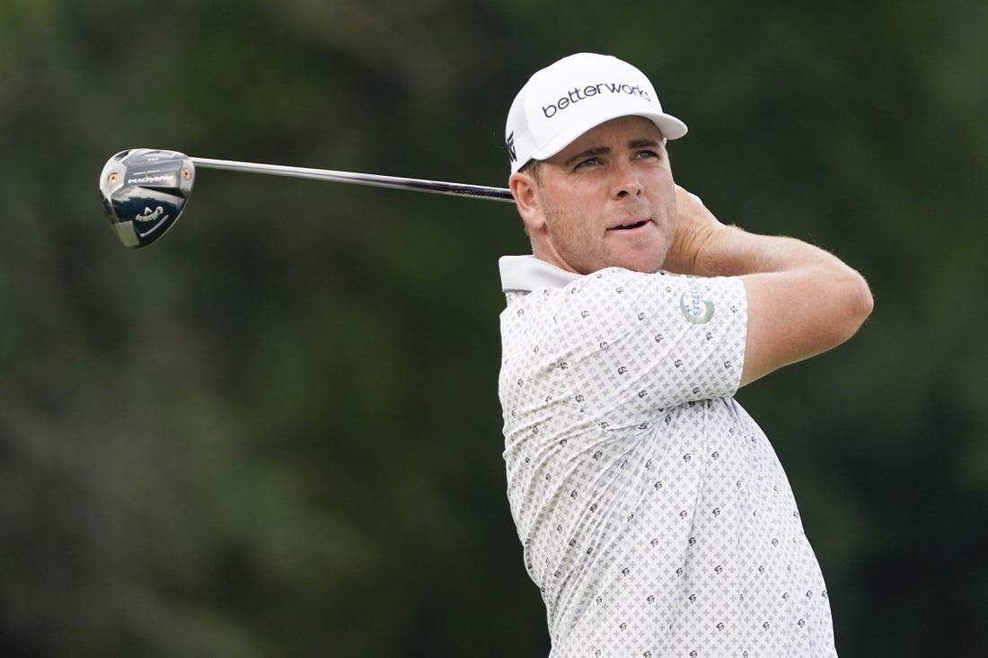 May 12, 2023; McKinney, Texas, USA; Luke List plays his shot from the ninth tee during the second round of the AT&T Byron Nelson golf tournament. Mandatory Credit: Raymond Carlin III-USA TODAY Sports