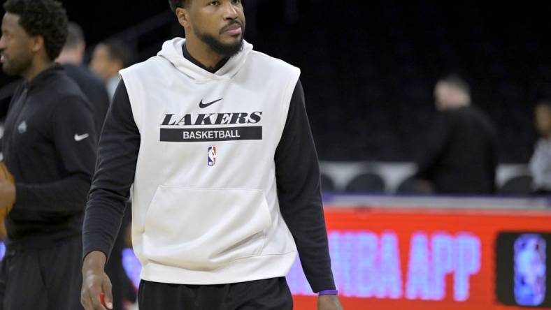 May 12, 2023; Los Angeles, California, USA; Los Angeles Lakers guard Malik Beasley (5) warms up prior to game six of the 2023 NBA playoffs against the Golden State Warriors at Crypto.com Arena. Mandatory Credit: Jayne Kamin-Oncea-USA TODAY Sports