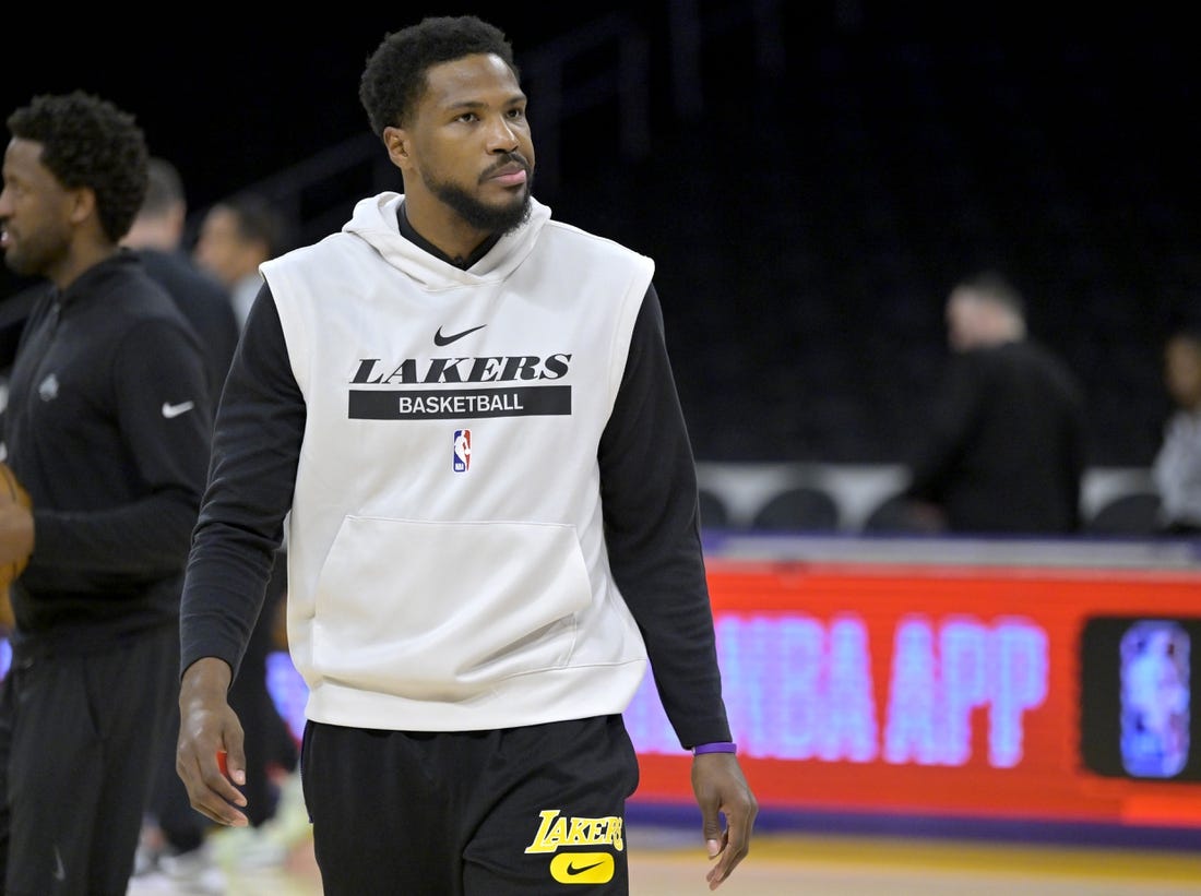 May 12, 2023; Los Angeles, California, USA; Los Angeles Lakers guard Malik Beasley (5) warms up prior to game six of the 2023 NBA playoffs against the Golden State Warriors at Crypto.com Arena. Mandatory Credit: Jayne Kamin-Oncea-USA TODAY Sports