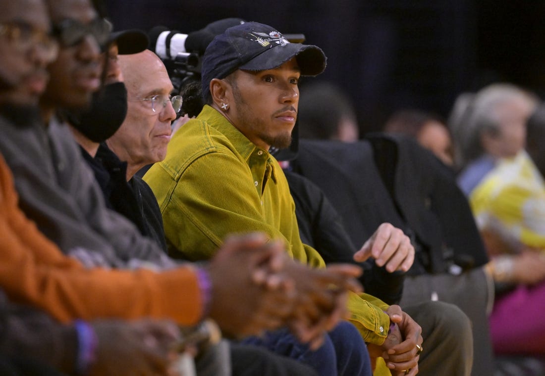 May 12, 2023; Los Angeles, California, USA;  F1 driver Lewis Hamilton attends game six of the 2023 NBA playoffs between the Los Angeles Lakers and the Golden State Warriors at Crypto.com Arena. Mandatory Credit: Jayne Kamin-Oncea-USA TODAY Sports