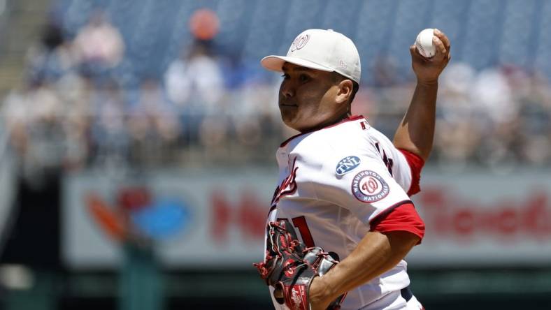 May 14, 2023; Washington, District of Columbia, USA; Washington Nationals relief pitcher Erasmo Ramirez (61) pitches against the New York Mets during the third inning of the continuation of a suspended game at Nationals Park. Mandatory Credit: Geoff Burke-USA TODAY Sports