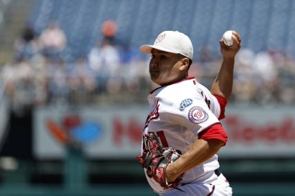 May 14, 2023; Washington, District of Columbia, USA; Washington Nationals relief pitcher Erasmo Ramirez (61) pitches against the New York Mets during the third inning of the continuation of a suspended game at Nationals Park. Mandatory Credit: Geoff Burke-USA TODAY Sports