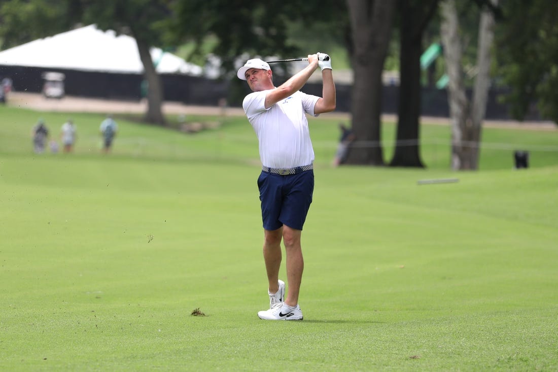 May 14, 2023; Tulsa, Oklahoma, USA; Jason Kokrak hits from the fairway during the final round of a LIV Golf event at Cedar Ridge Country Club. Mandatory Credit: Joey Johnson-USA TODAY Sports