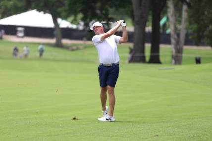 May 14, 2023; Tulsa, Oklahoma, USA; Jason Kokrak hits from the fairway during the final round of a LIV Golf event at Cedar Ridge Country Club. Mandatory Credit: Joey Johnson-USA TODAY Sports