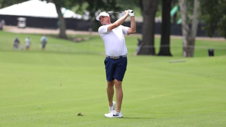 May 14, 2023; Tulsa, Oklahoma, USA; Jason Kokrak hits from the fairway during the final round of a LIV Golf event at Cedar Ridge Country Club. Mandatory Credit: Joey Johnson-USA TODAY Sports