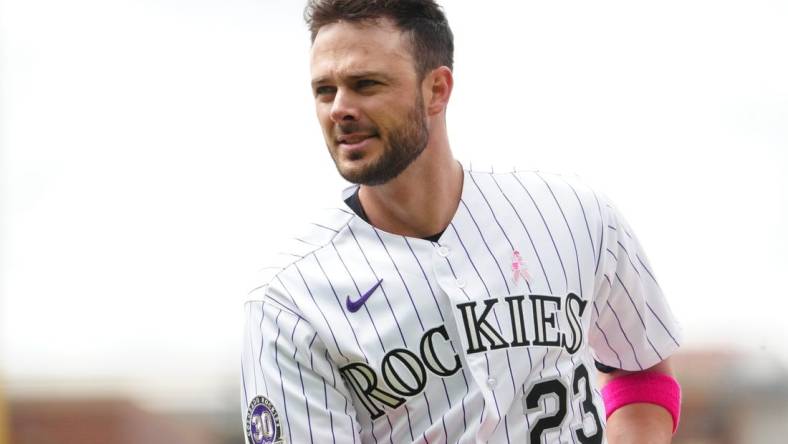 May 14, 2023; Denver, Colorado, USA; Colorado Rockies right fielder Kris Bryant (23) during the sixth inning against the Philadelphia Phillies at Coors Field. Mandatory Credit: Ron Chenoy-USA TODAY Sports