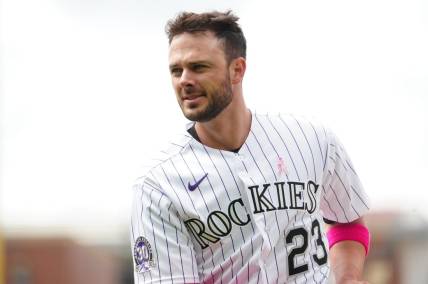 May 14, 2023; Denver, Colorado, USA; Colorado Rockies right fielder Kris Bryant (23) during the sixth inning against the Philadelphia Phillies at Coors Field. Mandatory Credit: Ron Chenoy-USA TODAY Sports
