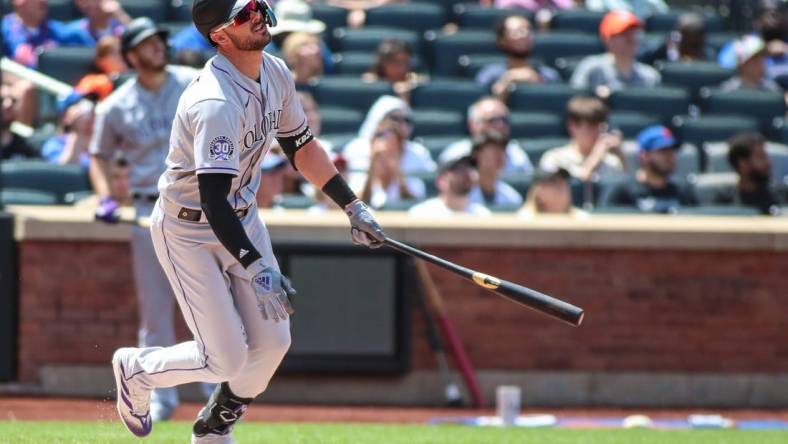 May 7, 2023; New York City, New York, USA;  Colorado Rockies right fielder Kris Bryant (23) at Citi Field. Mandatory Credit: Wendell Cruz-USA TODAY Sports