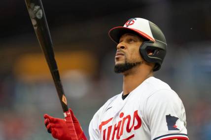 May 12, 2023; Minneapolis, Minnesota, USA; Minnesota Twins designated hitter Byron Buxton (25) heads to the plate in the first inning against the Chicago Cubs at Target Field. Mandatory Credit: Matt Blewett-USA TODAY Sports