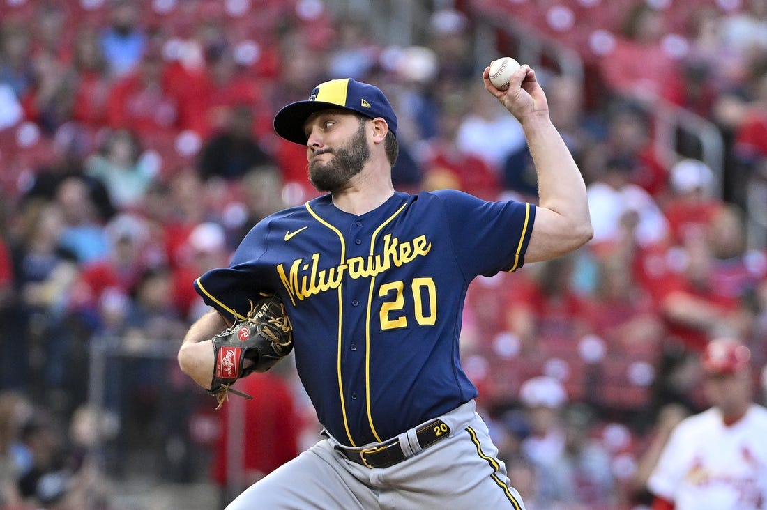 May 16, 2023; St. Louis, Missouri, USA;  Milwaukee Brewers starting pitcher Wade Miley (20) pitches against the St. Louis Cardinals during the first inning at Busch Stadium. Mandatory Credit: Jeff Curry-USA TODAY Sports