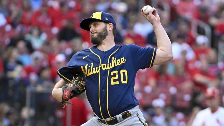 May 16, 2023; St. Louis, Missouri, USA;  Milwaukee Brewers starting pitcher Wade Miley (20) pitches against the St. Louis Cardinals during the first inning at Busch Stadium. Mandatory Credit: Jeff Curry-USA TODAY Sports