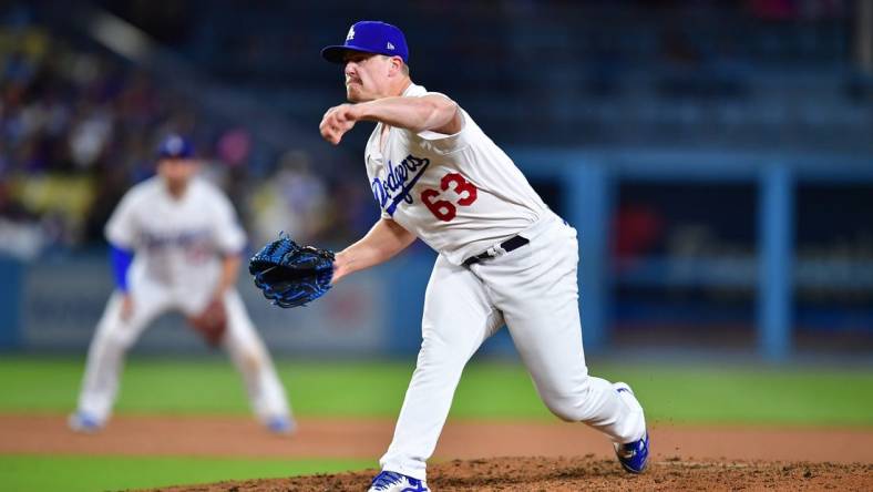 May 16, 2023; Los Angeles, California, USA; Los Angeles Dodgers relief pitcher Justin Bruihl (63) throws against the Minnesota Twins during the eighth inning at Dodger Stadium. Mandatory Credit: Gary A. Vasquez-USA TODAY Sports