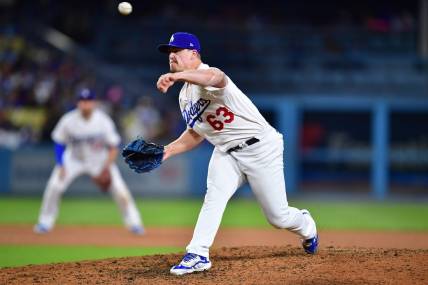 May 16, 2023; Los Angeles, California, USA; Los Angeles Dodgers relief pitcher Justin Bruihl (63) throws against the Minnesota Twins during the eighth inning at Dodger Stadium. Mandatory Credit: Gary A. Vasquez-USA TODAY Sports