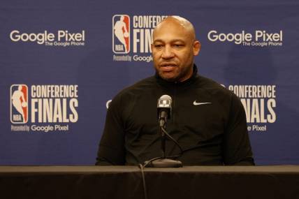 May 18, 2023; Denver, Colorado, USA; Los Angeles Lakers head coach Darvin Ham speaks in a press conference before game two against the Denver Nuggets in the Western Conference Finals for the 2023 NBA playoffs at Ball Arena. Mandatory Credit: Isaiah J. Downing-USA TODAY Sports
