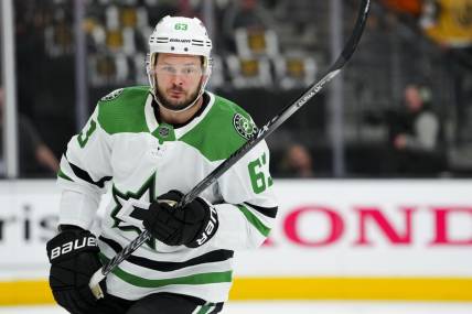 May 19, 2023; Las Vegas, Nevada, USA; Dallas Stars right wing Evgenii Dadonov (63) skates in warm-ups prior to the game against the Vegas Golden Knights in game one of the Western Conference Finals of the 2023 Stanley Cup Playoffs at T-Mobile Arena. Mandatory Credit: Stephen R. Sylvanie-USA TODAY Sports