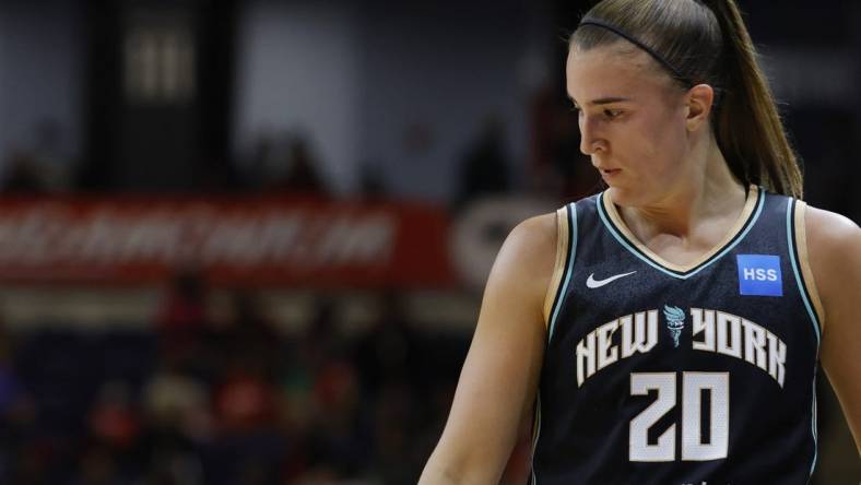 May 19, 2023; Washington, District of Columbia, USA; New York Liberty guard Sabrina Ionescu (20) stands on the court against the Washington Mystics at Entertainment & Sports Arena. Mandatory Credit: Geoff Burke-USA TODAY Sports